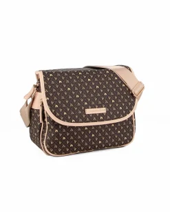 CORTINA POLO STYLE - Borsa marrone con dettagli beige loggata con tracolla e patta