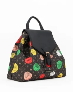 CORTINA POLO STYLE - Zaino nero con finta fibbia sulla patta e stampe multicolor