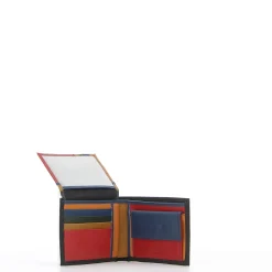 COVERI – Portafoglio nero in vera pelle con interno multicolore, ribaltina e scomparto porta spicci
