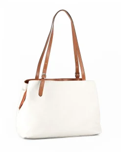 DIVAS - Borsa a spalla bianca in VERA PELLE con finiture cuoio e manici regolabili, MADE IN ITALY