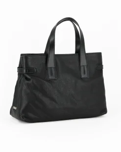 DIVAS - Borsa due manici nera in VERA PELLE con tracolla nastro - MADE IN ITALY