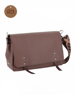 DIVAS - Borsa marrone in VERA PELLE con patta e tracolla nastro - MADE IN ITALY