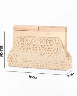 DIVAS -  Borsa pochette beige ricamata con stecca in legno