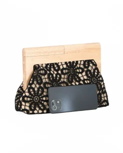 DIVAS - Borsa pochette nera ricamata con stecca in legno
