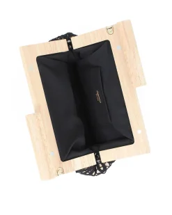 DIVAS - Borsa pochette nera ricamata con stecca in legno
