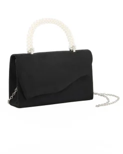 DIVAS - Borsa pochette nera scamosciata con manico perle