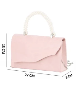 DIVAS - Borsa pochette nude cipria scamosciata con manico perle