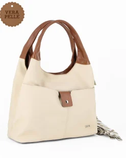 DIVAS - Borsa sacca beige in VERA PELLE con tasca frontale, tracolla removibile - MADE IN ITALY