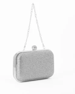 DIVAS - Clutch argento con strass, pomello  strass e tracolla removibile