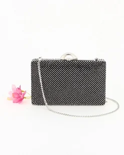 DIVAS - Clutch nera rigida con strass e tracolla catenina removibile