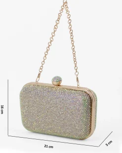 DIVAS - Clutch oro con strass multicolor, pomello  strass e tracolla removibile