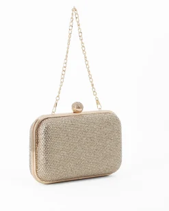 DIVAS - Clutch oro con strass, pomello  strass e tracolla removibile