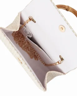 DIVAS - Pochette bianca con trama ad intreccio e manico in bamboo, tracolla removibile
