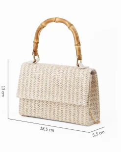 DIVAS - Pochette bianca con trama ad intreccio e manico in bamboo, tracolla removibile