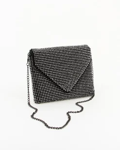 DIVAS - Pochette nera con strass e patta, tracolla catenina removibile