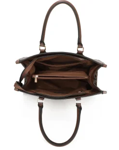 ENRICO COVERI - Borsa due manici loggata nera/cuoio con tracolla removibile