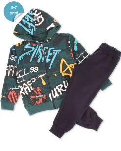 GURU - COMPLETO TUTA BAMBINO FELPA VERDE STAMPA GRAFFITI CON ZIP E CAPPUCCIO