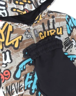 GURU - COMPLETO TUTA BAMBINO FELPA PANNA STAMPA GRAFFITI CON ZIP E CAPPUCCIO