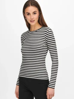 JACQUELINE de YONG - T-SHIRT MANICA LUNGA A RIGHE NERE E BIANCHE