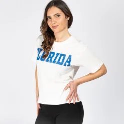 JACQUELINE de YONG - T-SHIRT MANICA CORTA BIANCA IN COTONE CON SCRITTA FLORIDA