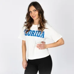 JACQUELINE de YONG - T-SHIRT MANICA CORTA BIANCA IN COTONE CON SCRITTA FLORIDA