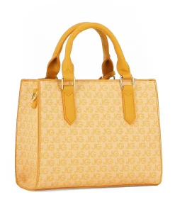 JUST GOLF - Borsa a mano gialla con logo metallico frontale e pennacchio a frange multicolor, tracolla removibile