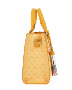 JUST GOLF - Borsa a mano gialla con logo metallico frontale e pennacchio a frange multicolor, tracolla removibile