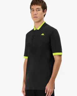 KAPPA - POLO MEZZA MANICA UOMO LOGO NEON NERA CON DETTAGLI GIALLI , 341N22W-A1D
