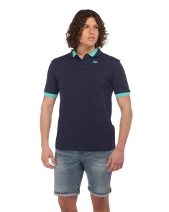 KAPPA - POLO MEZZA MANICA UOMO LOGO NEON BLU CON DETTAGLI CELESTI , 341N22W-A0E