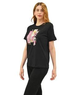 KEY UP - T-SHIRT MEZZA MANICA DONNA NERA CON STAMPA FRONTALE- 5S883/0002