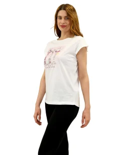 KEY UP - T-SHIRT MEZZA MANICA DONNA BIANCA CON STAMPA FRONTALE- 5S886/0001