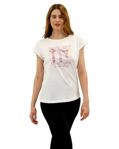 KEY UP - T-SHIRT MEZZA MANICA DONNA BIANCA CON STAMPA FRONTALE- 5S886/0001