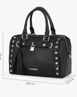 LAURA BIAGIOTTI - Bauletto nero con borchie, pennacchi con frange e cinturino con lucchetto, tracolla removibile