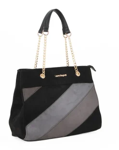 LAURA BIAGIOTTI - Borsa a due manici scamosciata nera con disegno frontale grigio