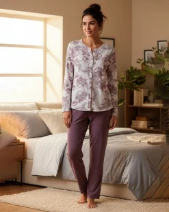 LORMAR - PIGIAMA LUNGO MALVA DONNA CON BOTTONI IN VISCOSA LEGGERA