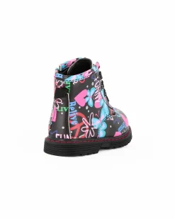 MISS GLOBO - Anfibio nero da bimba con zip laterale e stampe multicolor