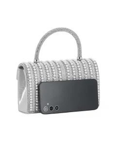 MISS GLOBO - Borsa pochette argento rivestita di perle e manico di strass per cerimonie