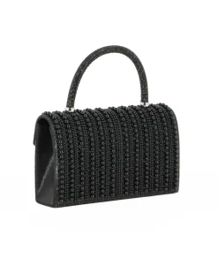 MISS GLOBO - Borsa pochette nera rivestita di perle e manico di strass per cerimonie