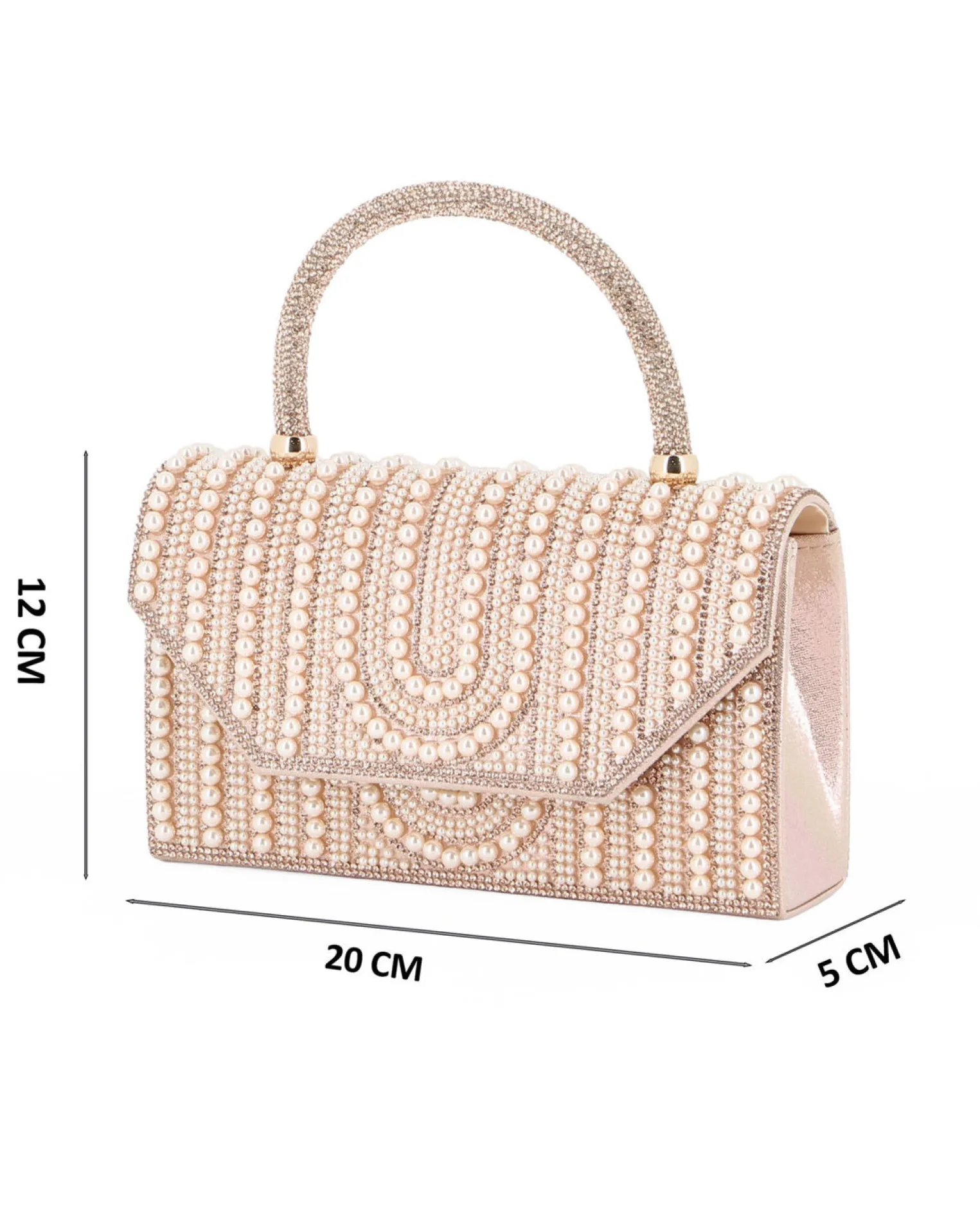 MISS GLOBO - Borsa pochette oro rosa rivestita di perle e manico di strass per cerimonie