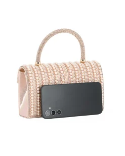 MISS GLOBO - Borsa pochette oro rosa rivestita di perle e manico di strass per cerimonie