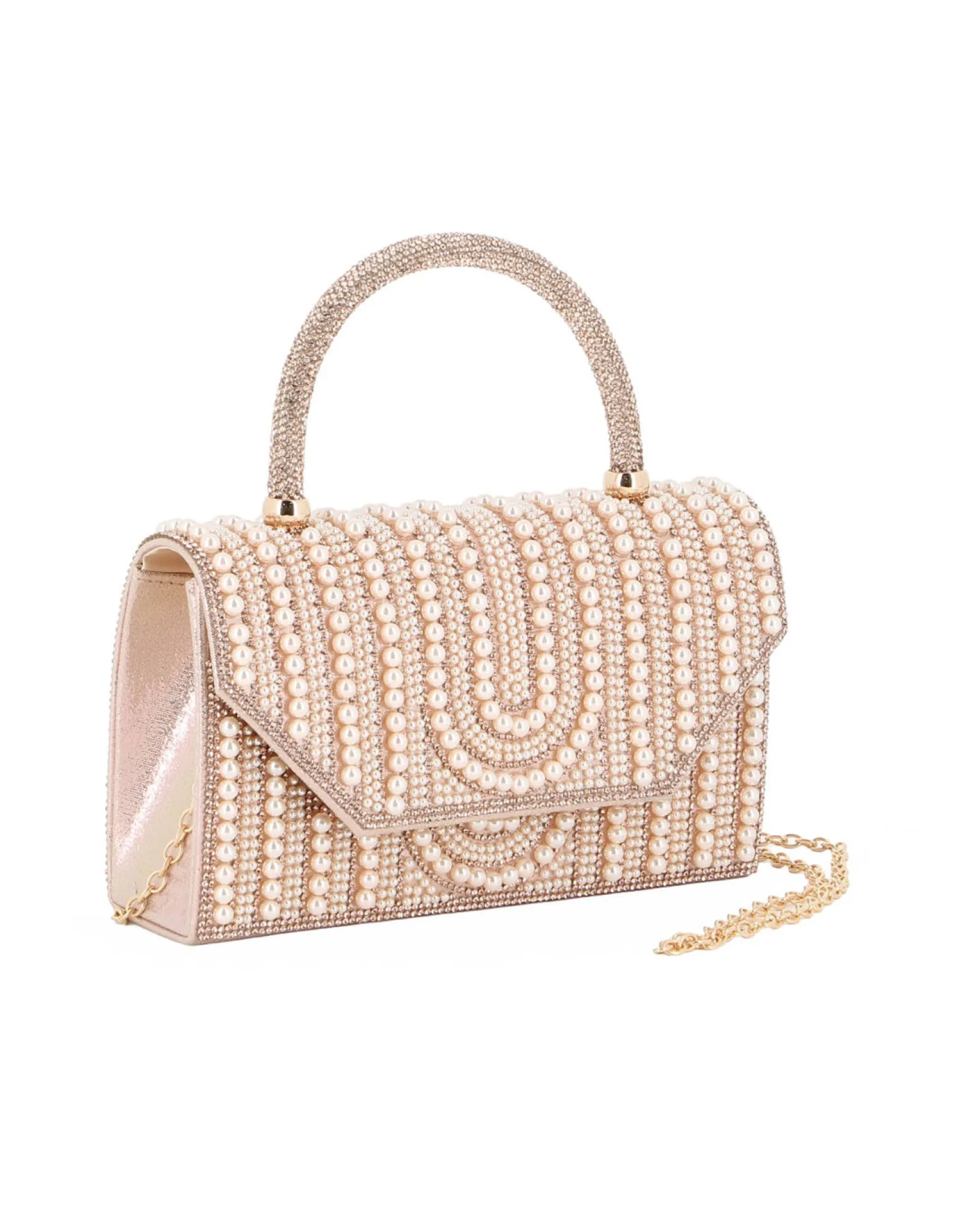 MISS GLOBO - Borsa pochette oro rosa rivestita di perle e manico di strass per cerimonie