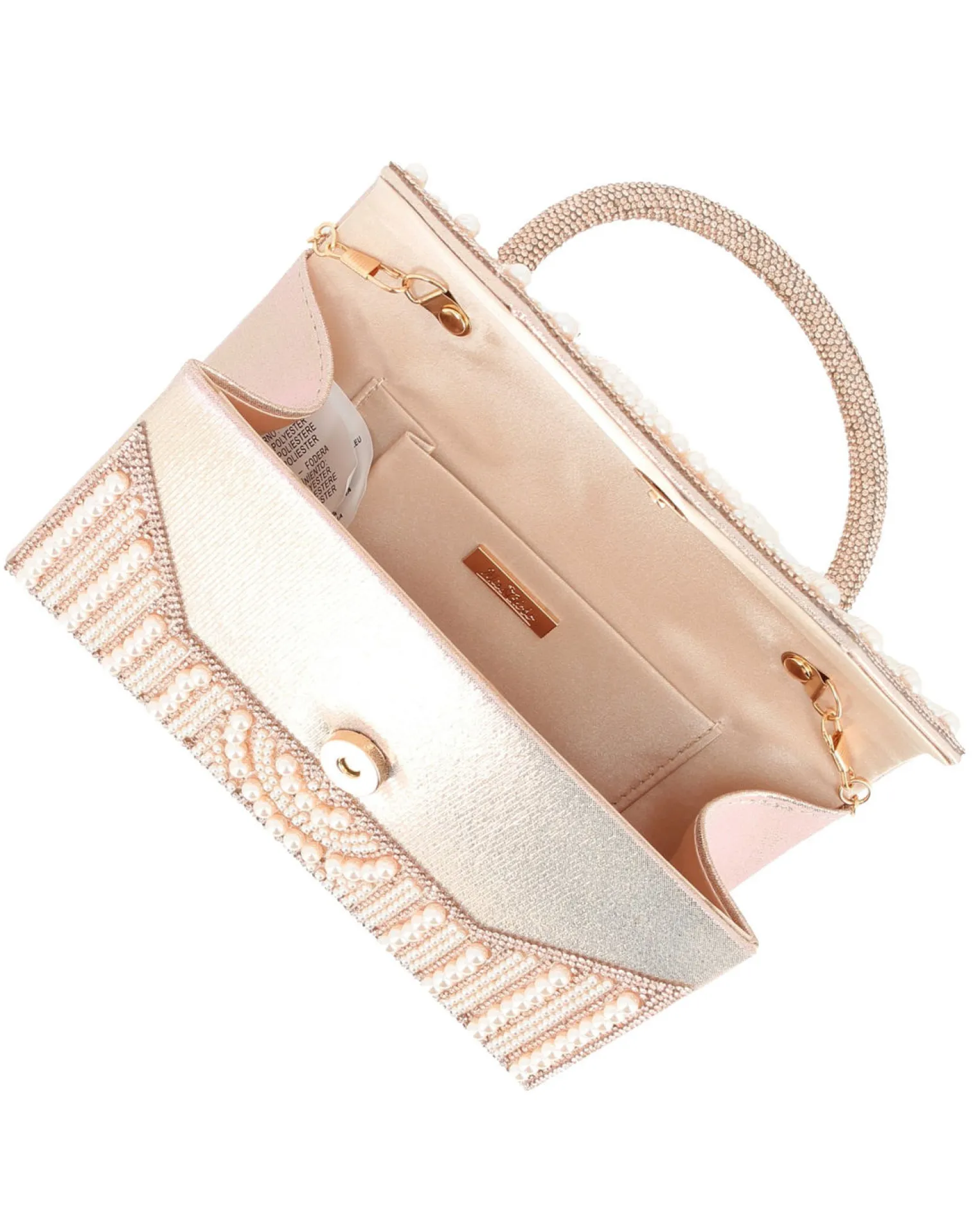 MISS GLOBO - Borsa pochette oro rosa rivestita di perle e manico di strass per cerimonie