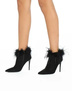 MISS GLOBO COUTURE - Tronchetto nero scamosciato a punta con piume e zip laterale, tacco 10CM