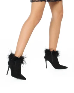 MISS GLOBO COUTURE - Tronchetto nero scamosciato a punta con piume e zip laterale, tacco 10CM