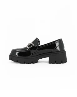 MISS GLOBO - Mocassino nero effetto vernice con sottopiede in memory soft e morsetto con strass, tacco 5CM