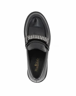 MISS GLOBO - Mocassino nero effetto vernice con morsetto in strass, tacco 5CM