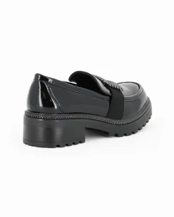 MISS GLOBO - Mocassino nero naplak con sottopiede memory soft e fascia elastica frontale con inserto metallico