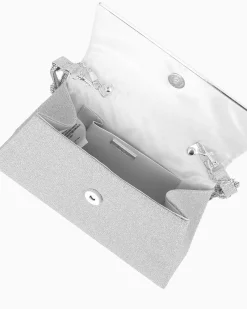 MISS GLOBO - Pochette argento in lurex  con patta e manico annoddato con strass, tracollina removibile