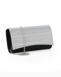 MISS GLOBO - Pochette in raso nera con patta glitter argento effetto plissettato,  tracolla removibile