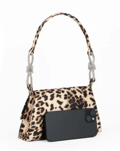 MISS GLOBO - Pochette maculata in raso con patta, nodi con strass sul manico, tracolla removibile